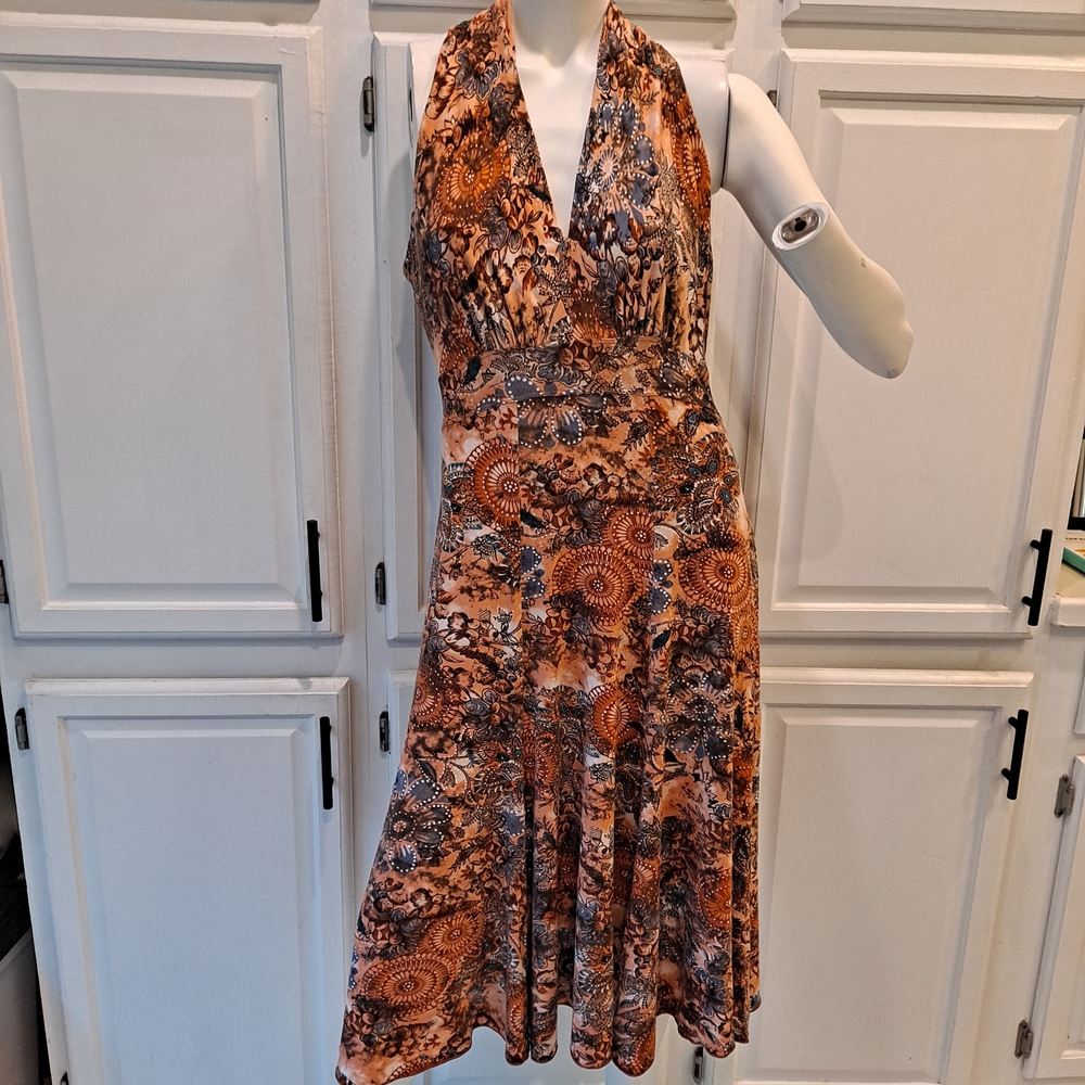 Karen Kane Halter Back Floral Dress Vneck Orange Blue Brown Paisley Below Knee